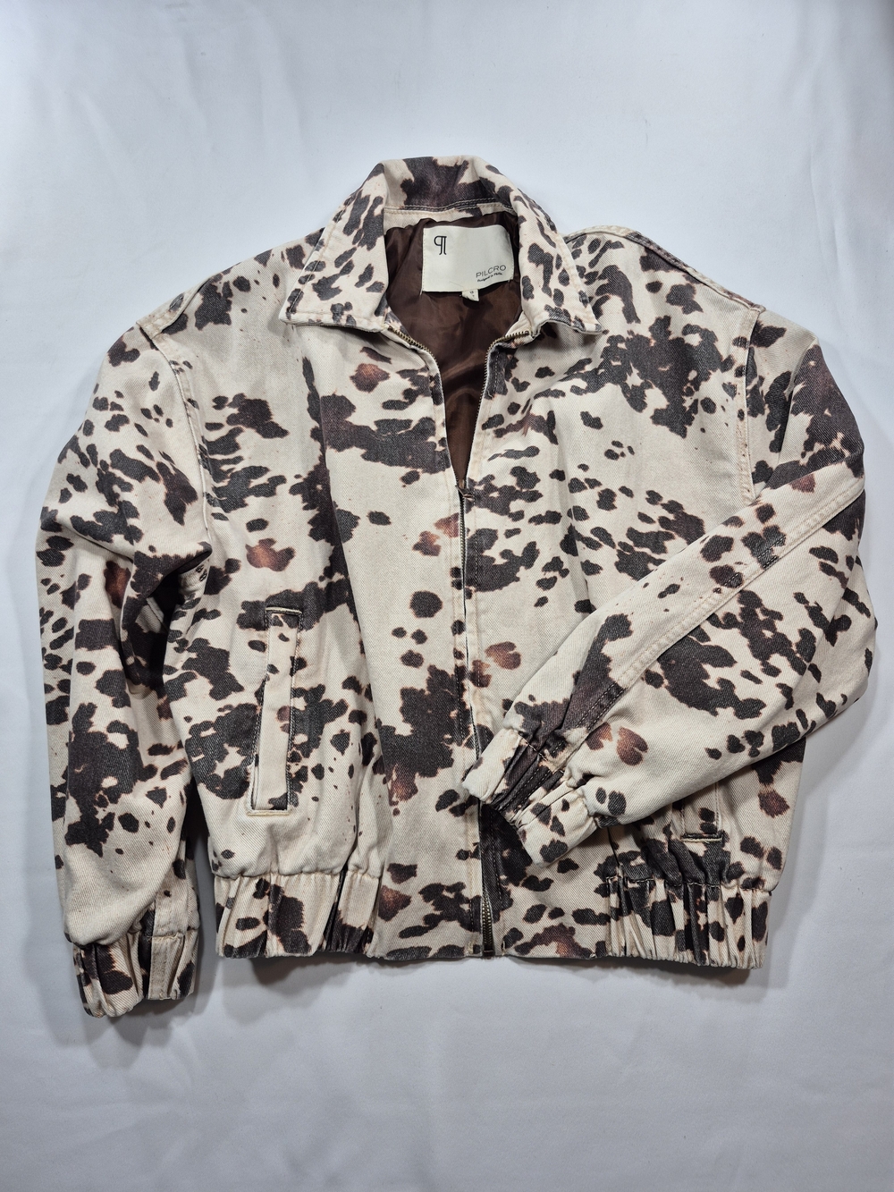 Pilcro Cowhide-Print Bomber Jacket in Cream and Brown